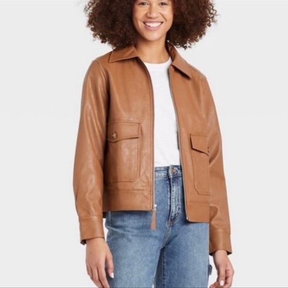 Universal Thread Tan Faux Leather Cargo Pocket Jacket - Picture 1 of 13